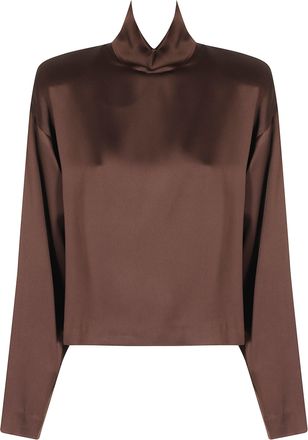 Federica Tosi Brown High-Neck Padded Shoulder Satin Blouse