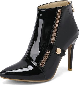 Generic Womens Pointed Toe Stiletto High Heel Ankle Boots Side Zipper Rhinestones Decor Elegant Winter Pumps Shoes (Black,7.5)