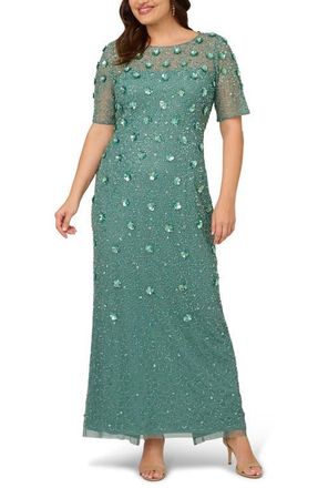 Adrianna Papell 3D Floral Beaded Evening Gown in Green Slate at Nordstrom, Size 22 W