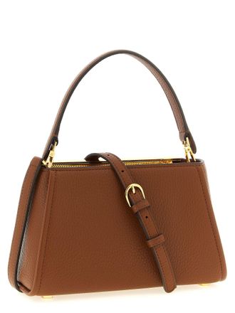 Elisabetta Franchi Gold-Logo Hammered Leather Top Handle Bag - Brown