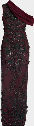 Badgley Mischka Embroidered One-Shoulder Column Gown