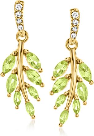 Ross-Simons Peridot Leaf Drop Earrings With Diamond Accents in 18kt Gold Over Sterling