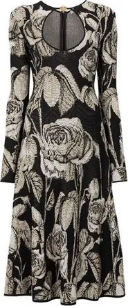 Roberto Cavalli Rose Jacquard Long-Sleeve Midi Dress, Brand Size 42 ( US Size 8 )