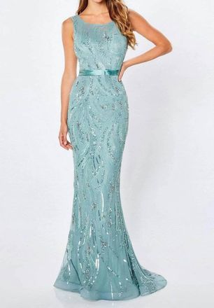 Montage by Mon Cheri Sleeveless Beaded Evening Gown In Sage