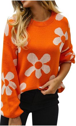 Generic Sweatshirts for Women UK Sale Clearance Knitted Sweatshirt Floral Printed Sweatshirt Women Oversized Curvy Long Sleeve Tops For Autumn And Winter New 