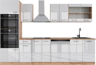 Vicco Mueble De Cocina R-line, Blanco Brillo Intenso/roble Dorado, 300 Cm Con Armario Alto, Et Roble