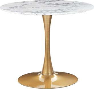 Beliani Tavolo Da Pranzo Tondo 90 Cm Effetto Marmo Bianco Base In Metallo Dorato Per Cucina 4 Posti Boca