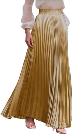 Generic Long Skirts for Women UK, Womens Elastic Waist Party Metallic Shiny Pleated Flowy A Line Maxi Long Skirt for Formal Evening Party Holiday 40th Birthda