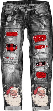 Generic Ripped Jeans Womens Baggy,Womens Ripped Boyfriend Jeans Distressed Washed Christmas Patch Print Denim Trousers High Waisted Loose Stretchy Xmas Patter