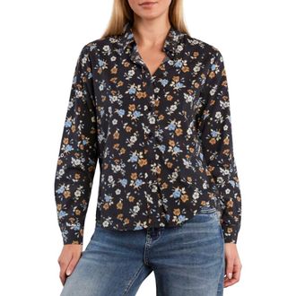 BILLY T Cotton Blend Button-Up Shirt in Black Retro Rose at Nordstrom, Size X-Small