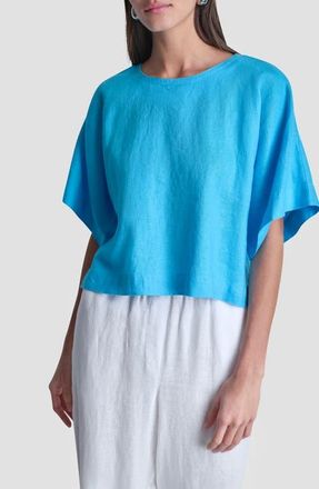 DKNY Drop Shoulder Boxy Linen Top in Pool Blue at Nordstrom, Size Small