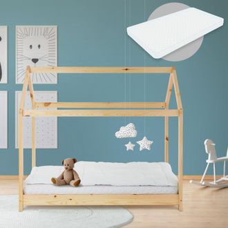 ML Design Ml-design - Cama Infantil Natural Con Colch&oacute;n De Espuma Fr&iacute;a 70x140 Cm Techo Somier Estructura Listones De Madera Maciza De Pino Para Ni&ntilde;as Y Ni&ntilde;os Fo