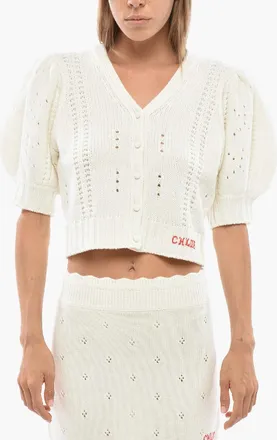Chlo&eacute; Cardigan in Lana e Cashmere con Scollo a V e Maniche Corte a Sbuffo Chloe