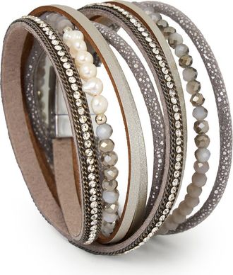 Saachi Crystal Wrap Faux Leather Bracelet in Silver at Nordstrom Rack