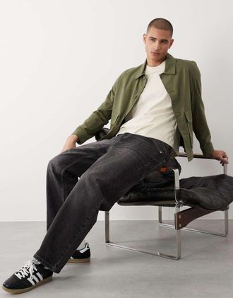 Mango Camicia giacca in misto cotone kaki con bottoni-Verde