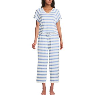Lands End Cooling Pajama Set - Short Sleeve Top and Crop Pants in Misty Blue Stripe at Nordstrom, Size X-Small P