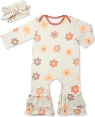 Everly Grey Ruffle Romper & Head Wrap Set in Daisies at Nordstrom, Size 9-12M