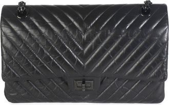 Chanel Black Calfskin Leather Chevron 2.55 So Black Reissue 226 Flap Bag (Authentic Pre-Loved)