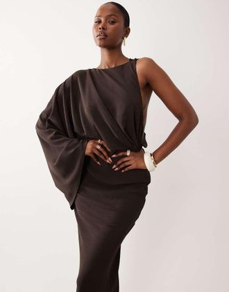 Asos Vestito lungo monospalla a colonna color cioccolato con drappeggio sul retro-Multi