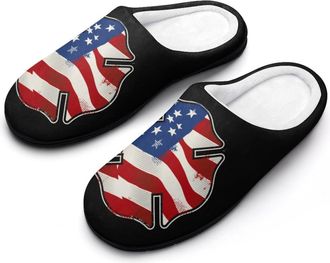 Generic Firefighter with U.S. Flag Mens House Slippers Memory Foam Washable Cotton Slip on Home Shoes
