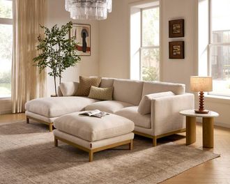 Castlery Owen Left Chaise Sectional Couch with Ottoman, Basketweave Cream, Blonde Oak Leg, Beige, Castlery