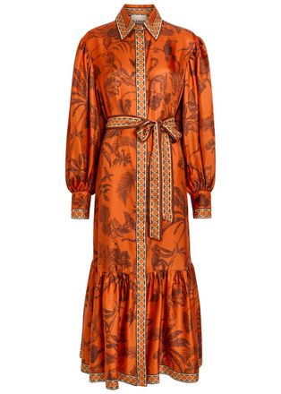 Alemais Alemais Monkey Dance Printed Silk Midi Shirt Dress - Rust - 16 (UK16 / XL)