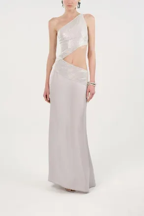 Nocturne Sequin One Shoulder Cutout Maxi Dress in Metallic Silver at Nordstrom, Size X-Small