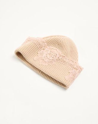 Valentino Garavani Cappello Beanie VLogo Signature In Cachemire E Pizzo Donna ALABASTER L/X