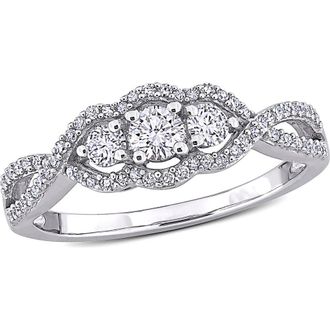 Delmar Diamond 3-Stone Halo Engagement Ring - 0.5ct. in White Gold at Nordstrom Rack, Size 7