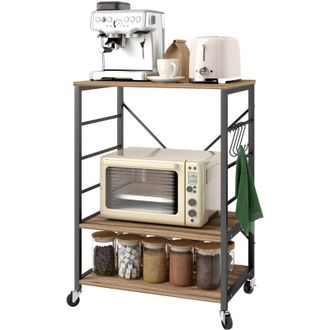 HOMCOM Scaffale per Cucina a 3 Livelli Stile Industriale con Ruote e Ganci Teak