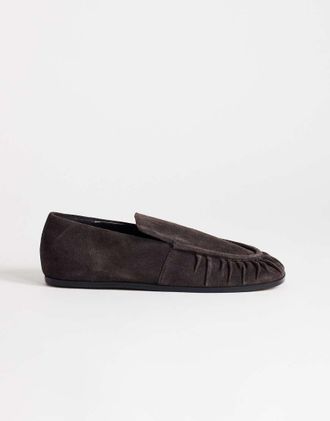 Topshop Dora mocassino in vera pelle scamosciata arricciato color cioccolato-Marrone