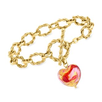 Ross-Simons Italian Pink and Red Murano Glass Heart Charm Toggle Bracelet in 18kt Gold Over Sterling