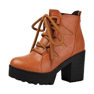 Generic Ladies Retro Ankle Boots Round Toe Super High Chunky Heel Platform With Side Zipper And Lace Up Detail Daily Shoes