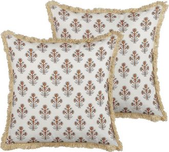 Beliani Beliani - Conjunto De 2 Cojines De Algod&oacute;n Blanco Beige Naranja 45 X 45 Cm Borlas Omorika