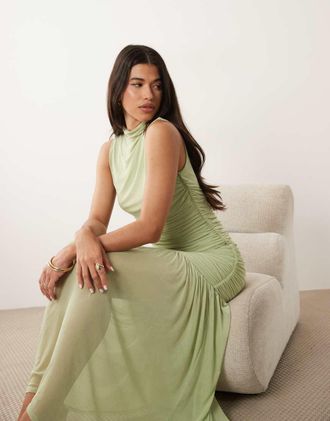 Asos Vestito verde salvia arricciato con vita scesa e scollo rotondo