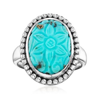 Ross-Simons Turquoise Carved Flower Ring in Sterling Silver