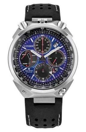Citizen Promaster Tsuno Chronograph Racer Super Titanium Leather Strap Watch, 43.3mm in Black at Nordstrom Rack