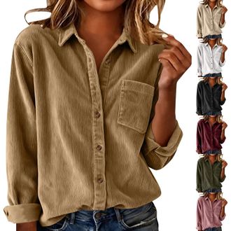 Generic Long Sleeve Shirts for Women Corduroy Button Down Blouse Ladies Solid Color Collar Tops with Pocket Casual Clothes for Office Work Daily Travel Street