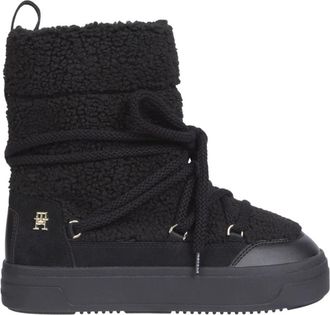 Tommy Hilfiger Zwarte Shearling Enkel Snowboots - Dames - Winterlaarzen - Zwart - 38 EU - Polyester - Schoenen