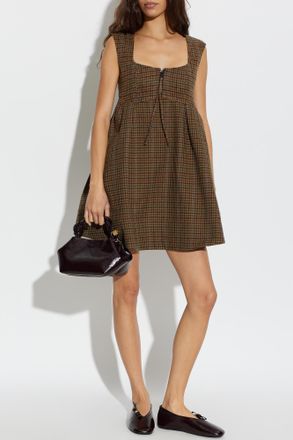 Ganni Plaid Pattern Mini Dress, Womens, Brown