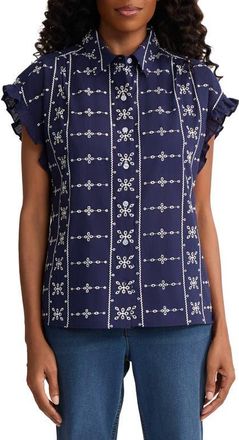 Jones New York Embroidered Shirt in Pacific Navy /Natural White at Nordstrom, Size X-Small