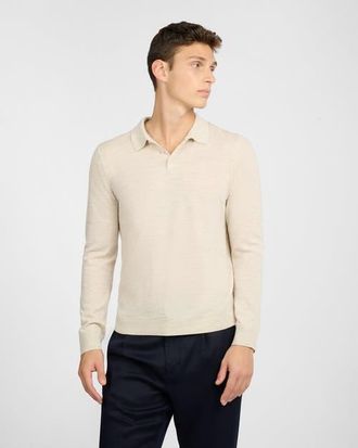 Onia Extra Fine Merino Wool Long Sleeve Polo in Stone Melange at Nordstrom, Size X-Large