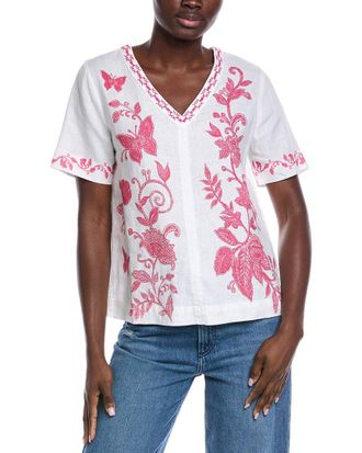 Johnny Was V-Neck Tie Back Linen Blouse