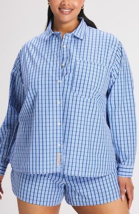 Savage x Fenty Kickback Casuals Pajama Button-Up Shirt in Skyline Blue Plaid Behavior at Nordstrom, Size X-Small