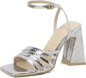 Generic Womens Square Open Toe Wedding Sandals Chunky High Heel Party Prom Pumps Cross Ankle Strap Bridal Shoes with Buckle,Silver,6.5 UK