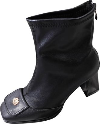 Generic Black Female British Style Square Toe High Heel Skinny Boots with Metal Accents for Fall Winter Comfortable and Fashionable