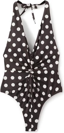 Mango Polka Dot Halter One Piece Swimsuit in Brown at Nordstrom, Size Medium
