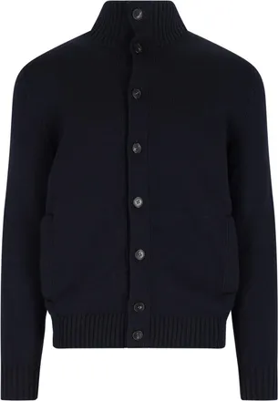 Zanone Dark Blue Chioto High-Collar Ribbed Virgin Wool Cardigan