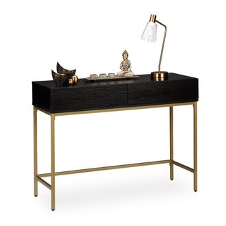 Relaxdays Tavolo Consolle, 2 Cassetti, Mobile Stretto Corridoio E Soggiorno, Effetto Legno, Hlp 80x110x40 Cm, Nero/oro - Relaxdays