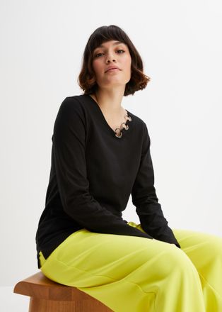 Bonprix Langarmshirt BONPRIX, Damen, Gr. 56/58 (XXXL), schwarz, Jersey, Obermaterial: 95% Baumwolle, 5% Elasthan, unifarben, bequem h&uuml;ftbedeckend, V-Ausschnit